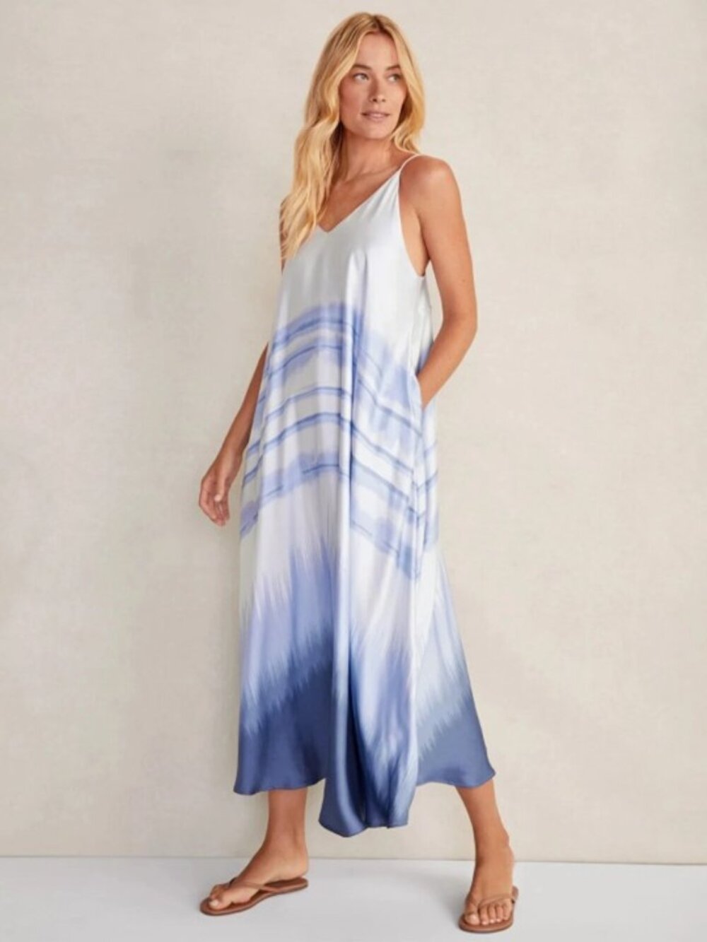Haven Well Within Silky Dip Dye Blue Maxi Dress Sz Large Lined Beach Resort FLAW